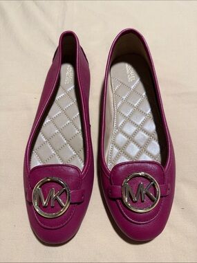 Michael Kors Magenta MK Logo Leather Ballet Flats with Gold Accent